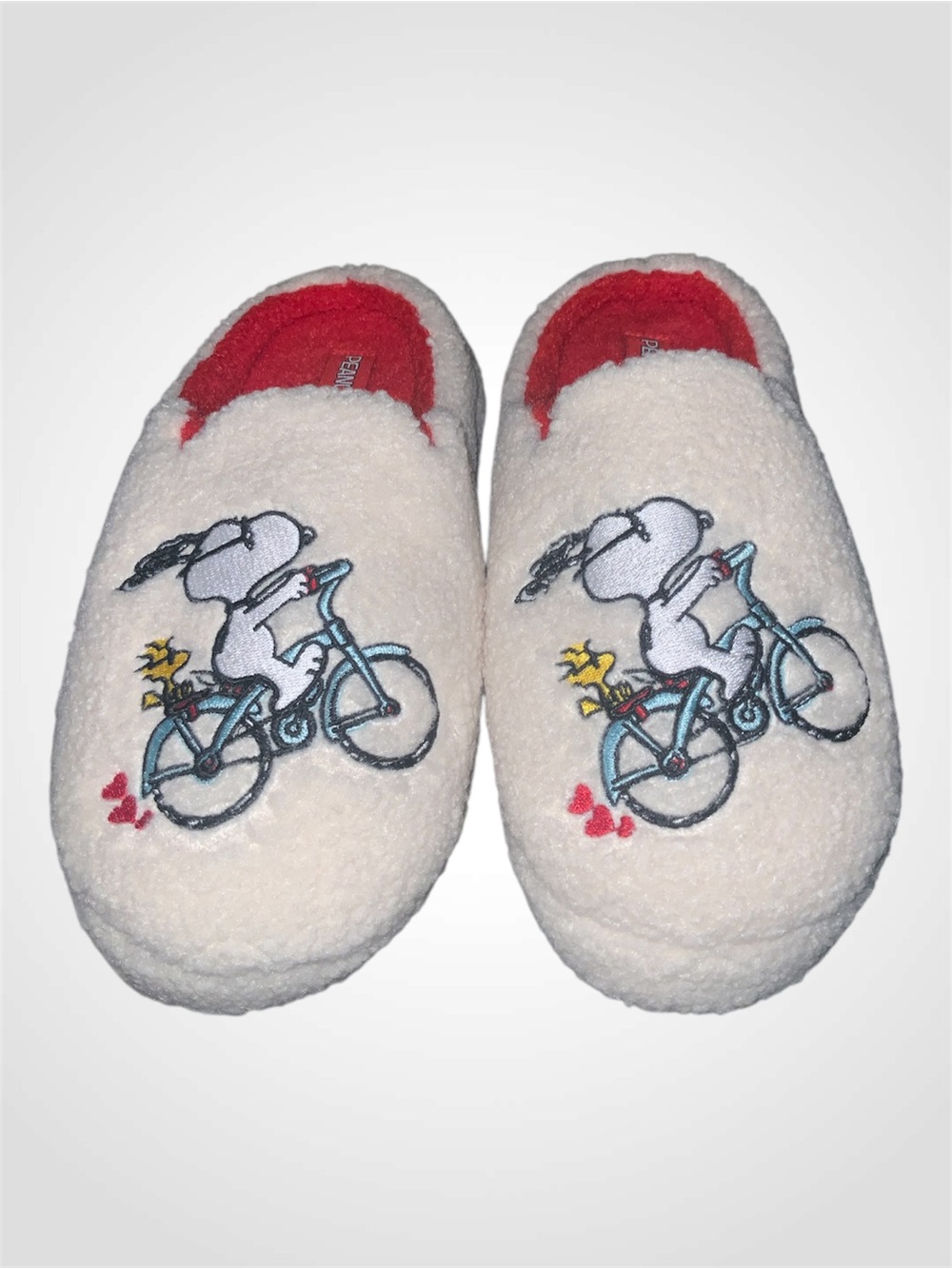 Peanuts Cream Slip-On Slippers with Snoopy Riding A Bicycle Size 7